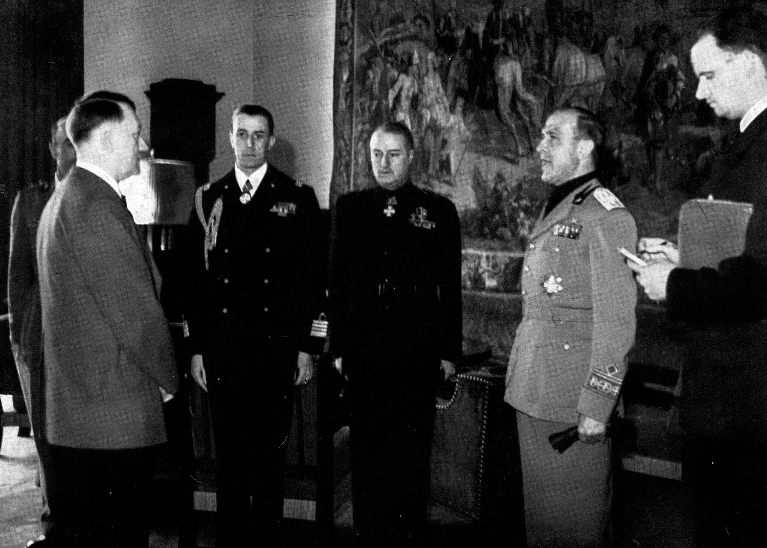 Adolf Hitler receives Dino Alfiero and other Italian ambassadors at the Berghof for the second anniversary of the Pact of Steel